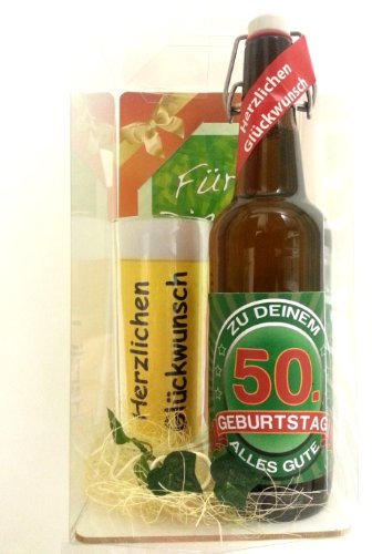 SünGross Geschenk Set, Bierset Bier Geschenk zum 50. Geburtstag, Bierflasche mit Etikett, Glas Bierkrug und Geschenk Postkarte