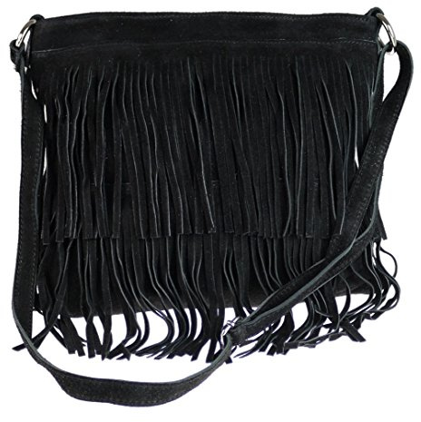 Girly Handbags Umhängetasche aus Wildleder mit Fransen Schwarz