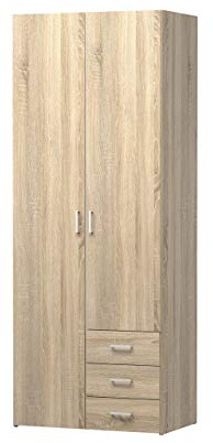 Kleiderschrank mit zwei Türen und drei Schubladen, Eichenfarbe, 77 x 49 x H200 cm