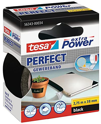 tesa Extra Power Perfect, Cinta de Reparación Reforzada en Tela para Confeccionar, Reparar, Fijar, Reforzar y Etiquetar, Negra, 2.75 m x 38 mm