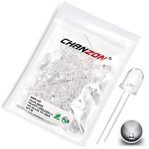 Chanzon 50 pcs 8mm White LED Diode Lights (Clear Round Transparent DC 3V 20mA) High Intensity Super Bright Lighting Bulb Lamps Electronics Components Light Emitting Diodes