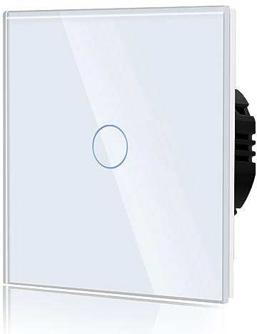 BSEED Touch Light Switch,Standard Touch Sensitive Bathroom Switchs,Tempered Glass Panel with LED Backlight, No Neutral Wire Needed,1 Gang 1 Way,White 86mm