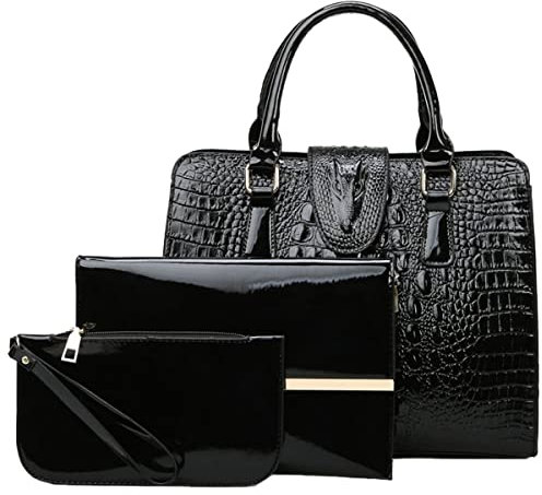 NIYUTA Donna Borse a mano Moda pelle verniciata Borse a spalla Modello coccodrillo Borse a tracolla Borse Tote 3 pz Nero