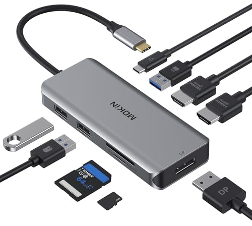 Docking Station, USB C Adapter, 9 in 1 Triple Display Multiport Dongle with 2 HDMI 4K, DisplayPort, 3 USB, 100W PD, SD/Micro SD Card Reader for MacBook Pro Air Type C Laptops