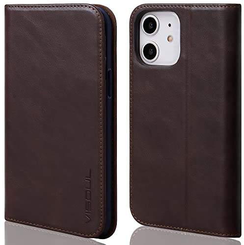 VISOUL iPhone 12 Mini Hülle,Stoßfeste Handyhülle [Echtleder] [RFID Schützt] [Kartenfach] [Magnet] [Standfunktion],TPU Schutzhülle Lederhülle für iPhone 12 Mini Kaffee