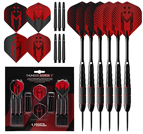 Darts Corner X1065 Thunder | Ensemble de 24 fléchettes à pointe en acier avec corps de 22 g, ailettes et tiges en aluminium, Série 1, Noir/Rouge