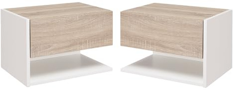 HOMCOM Set med 2 väggsängbord – set med 2 nattduksbord – skjutlåda, hylla, bricka – tvåfärgat trä – utseende ljus ek vit