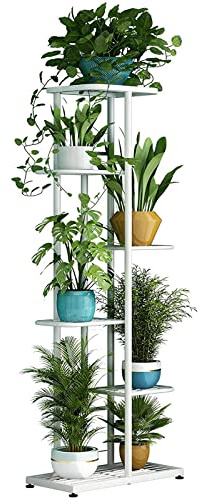 Linzinar Pflanzenständer für drinnen und draußen, Metall, 6 Etagen, für 7 Blumentöpfe, Halter für mehrere Blumentöpfe, Regal, Ausstellungsregal für Terrasse, Garten, Ecke, Balkon, Wohnzimmer, weiß