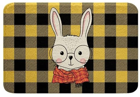 Homewish Badezimmerteppiche mit Cartoon Kaninchen für Mädchen 50 x 80 cm Badewannenteppiche Kawaii Kaninchen gelber Büffel Kariertes Gitter Bauernhof Tier Badematte Kinder Jungen Bodenmatte