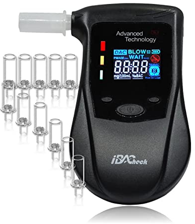 iBACheck Etilometro Portatile con sensore a semiconduttore, Etilometro Digitale Ricaricabile con Funzione prelert, Alco Test con 4 unità di Default E 10 Ricordi (Colore) 12 Bocchini