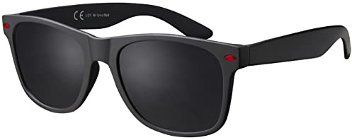 La Optica B.L.M. Occhiali da sole unisex UV400 CAT 3 CE con sacchetto per occhiali e panno per la pulizia – specchiati, polarizzati, varianti di gradient, Nero opaco rosso lenti: grigio, 53