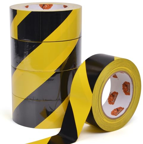 TAPEBEAR Absperrband Warnklebeband Gelb Schwarz Flatterband Warnband Gefahr Warnung PVC Selbstklebend Markierungs Klebeband Für Warnmakierungen Und Bodenkennzeichnungen, 50mm x 46m,5Rollen