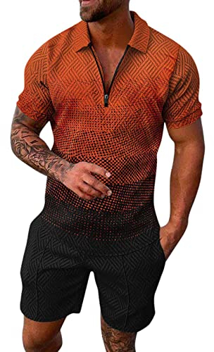 rtdgcv Suit Bag Male Summer Casual Print Zip Turn-Down Collar Blouse Short Sleeve Tops Shirt Shorts Outfits Fitness Sportswear, orange, XL