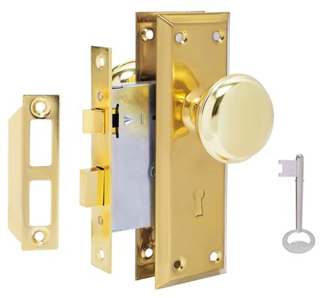 AKRILANE Mortise Lock Set Interior Door Antique & Vintage Style Knob with Keys - Brass