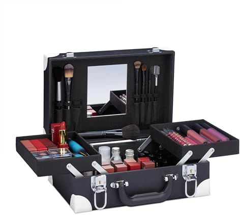 Relaxdays Kosmetikkoffer, für Make-Up, Nagellack, Schminkkoffer mit Spiegel, HBT: 12,5 x 31 x 23 cm, leer, schwarz/weiß