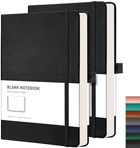 RETTACY Notizbuch A5 Blanko 2er Pack, 100g/m², je 192 Seiten | 100g/m² Papier, reißfest, Stiftschlaufe, Innentasche, für Skizzieren & Schule - Schwarz & Schwarz