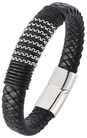 Beydodo Leder Armbänder für Männer mit Gravur, Armband Herren 12MM Geflochten Charms Armbänder mit Magnetverschluss Partnerarmband Schwarz 20.5CM