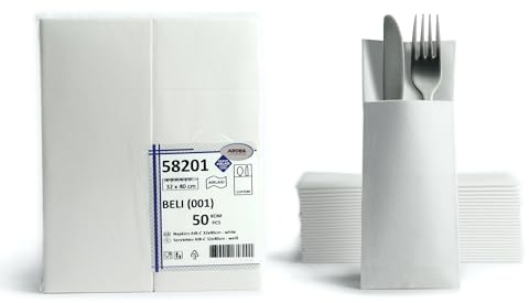 AROBA 50x Airlaid Besteckservietten (Weiß, 32x40 cm) - Hochwertige Serviettentaschen - Fertig gefaltete Bestecktaschen - Stoffähnliche Airlaidservietten