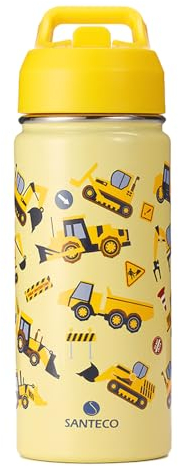 SANTECO Trinkflasche Kinder Edelstahl 500ml mit Strohhalm, Kinder Thermosflasche BPA-frei Wasserflasche Einfach zu Säubern, Thermoskanne Jungen Mädchen für Kindergarten Schule - Traktor