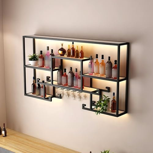 LED Hanging Wall Mounted Wine Rack,Floating Wall Wine Shelves,Bar Liquor Bottle Display Shelf,Wall-Mounted Wine Racks With Glass Holder,for Kitchen, Dining Room, Bar, Restaurant ( Color : Black , Size