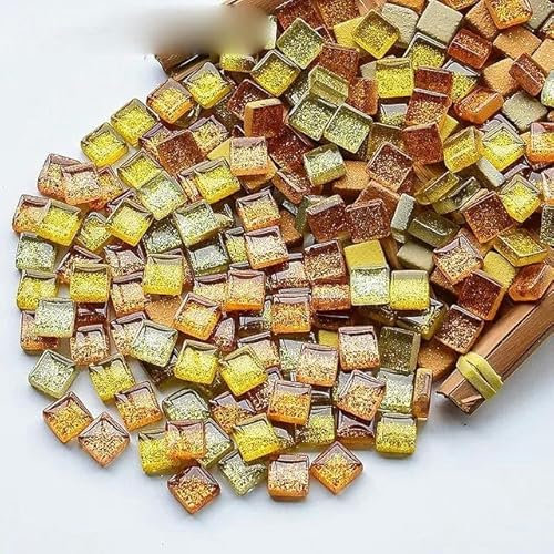 120 g (ca. 120 Stück), glitzernde, glänzende Glasfliesen, 1 cm, quadratisch, zum Basteln, mehrfarbige Steine, Gold-Gelb-Mix, 120 g