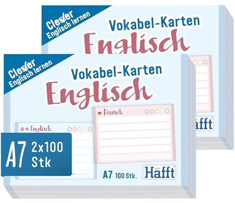 Häfft® 2er-Pack Vokabel-Karten A7 Englisch liniert, 200 Stück, mit Ampel-Prinzip für das Langzeitgedächtnis - passend für gängige Lernboxen, handlich für unterwegs