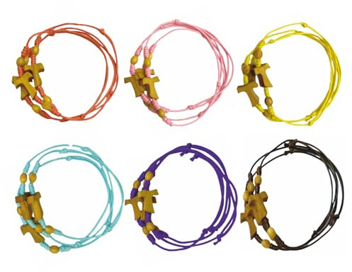 Generico Luna 30 BRACCIALI Regolabili con Tau in ULIVO E Palline 6 Colori Assortiti Fabbricate nella Patria di San Francesco (BOMBONIERE)