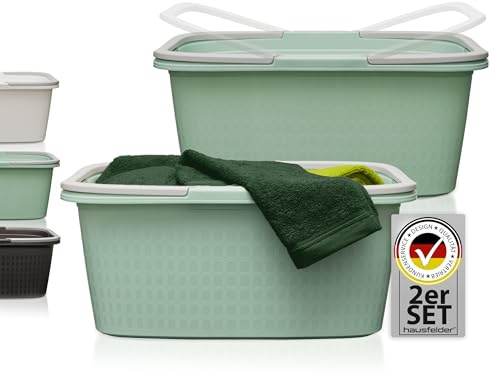Hausfelder Wäschekorb, 2er Set, 2x35, Jadegrün | Kunststoff, 2er Set, 2x35, für Bad & Waschküche, BPA-frei, stapelbar, mit Henkel, Wäschekorb, Gesamt, Jadegrün
