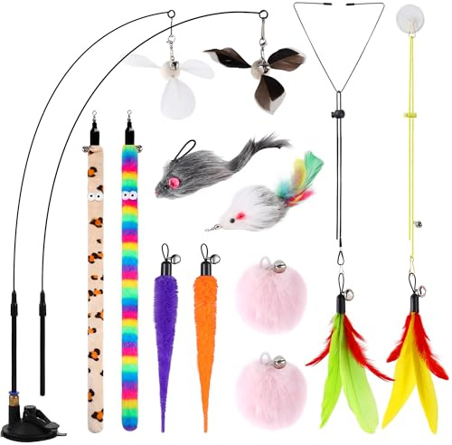 Soarer 4-in-1 Interactive Cat Feather Toys,12Pcs Durable Fishing Pole Cats Feathers Toy Replacements,Enhanced Suction Cup Cats Wand Toy,2 Types Door Hanging Cat String Toys for Indoor Kitten