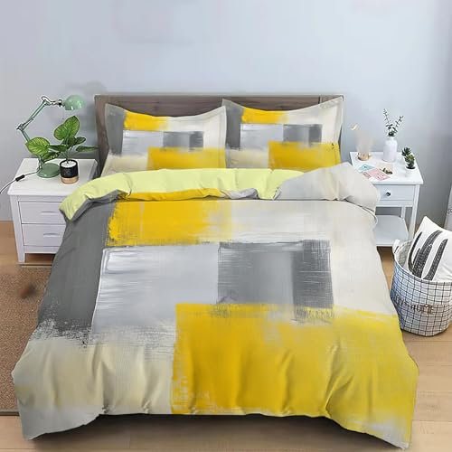 JSCWDET Bettwäsche 155x220cm 3teilig Gelber Farbblock Wendebettwäsche Geometrisches Quadrat Bettwaren-Set Komfortabler Weiche Bettbezug mit Reißverschluss und 2Kissenbezug 80x80cm