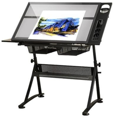 Zeichentische, Klappbarer Kunsttisch/Zeichentisch/Basteltisch, Höhenverstellbar 74-93 cm, 2 Schubladen und 0-80° neigbare Tischplatte, Gehärtetes Glas, 220 lbs Tragkraft