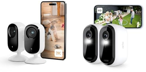 Arlo Essential 2 Indoor 2K, Caméra de Surveillance WiFi Intérieure pour Animaux de Compagnie, Vision Nocturne, Essai Secure Inclus, 4 Caméras Blanc Essential 2 HD, 2 Caméras Blanc