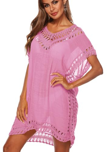 YKDLLF Badkläder för kvinnor med lång sommarskjorta bomull blus sexig spets strand kimono hals för kvinnor öppen och transparent morgonrock med fransar perfekt för semester, Rosenröd, one size