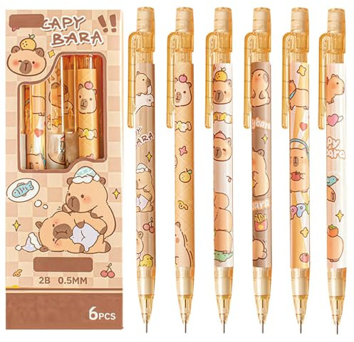 FloralGrace 6 Stück Niedliche Mechanische Bleistifte mit Radiergummi 0,5 mm Cartoon Capybara Mechanischer Bleistift Schulbleistift für Kinder Junge Mädchen Frauen