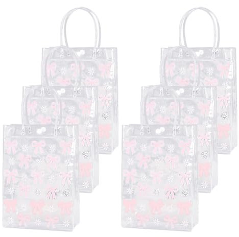 Geschenktüten mit rosa Schleife, transparent, für Hochzeiten, kleine Geschenktüten, Tragetaschen, Gänseblümchen, Party, Gastgeschenke, elegante Brautduschtasche mit Griff, für Valentinstag, 6 Stück