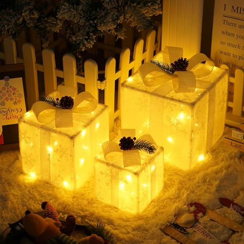 3PCS Light Up Boxes with Warm White LED Lights, Indoor Outdoor Christmas Decorations White Gift Parcels with Remote Timer, Xmas Ornaments for Tree Party Garden