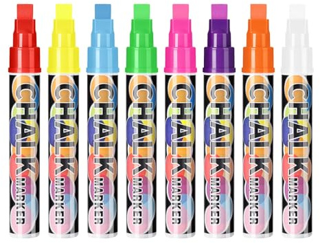 Jumbo Liquid Chalk Pens, 8 Colours Washable Window Chalk Markers with 10mm Thick Tip – Bold Chalkboard Pens for Blackboards, Glass, Car Windows & Menu Boards (8 Colours)