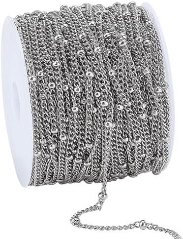PH PandaHall 15m Satellite Chain Roll 2mm Stainless Steel Metal Chain Satellite Ball Beaded Cable Link Chains Bracelet Necklace Curb Link Chains Bulk Spool for Jewellery Making DIY Craft