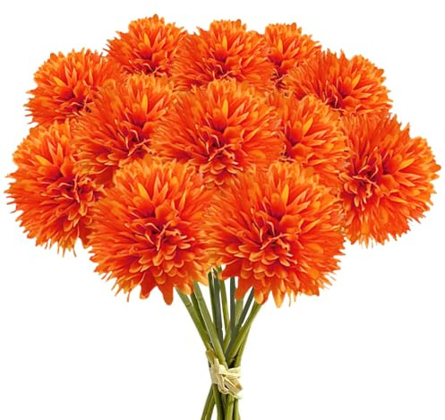 XoeLLe 12 flores artificiales de crisantemo, flores falsas de tallo largo, flores artificiales decorativas para tumbas, decoración del hogar, sala de estar, interior, jardín, arreglo floral (naranja)