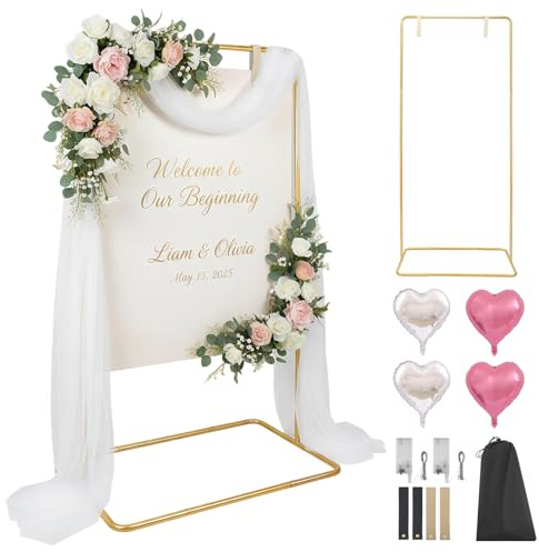Delousiber Wedding Welcome Sign Stand, Gold Adjustable 1.3-1.7m Welcome to Our Wedding Sign Holder with Leather Straps, Sturdy Metal Easel for Reception Decor, Seating Charts & Events (Gold)