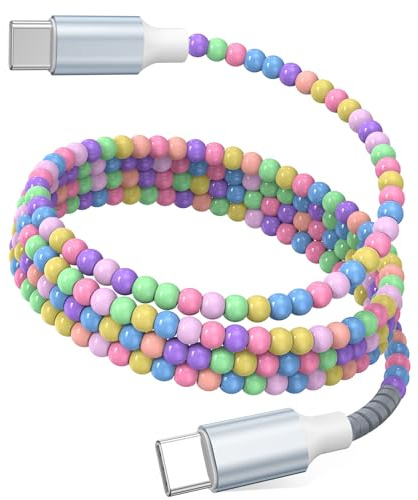 Câble USB C vers USB C avec Perles Colorées 1M 60W PD3.0 3A Cable USB C Charge Rapide pour iPhone 17 16 15 Pro Max iPad Pro Air pour Samsung S25 S24 Ultra S23 A56 A16 A17 Android Jolies Filles Femmes