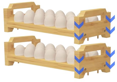 Huevera de madera - Expositor de 2 niveles, estantería de cocina rústica apilable, organizador de almacenamiento multiusos duradero, elegante solución de cartón para huevos | Práctico accesorio para