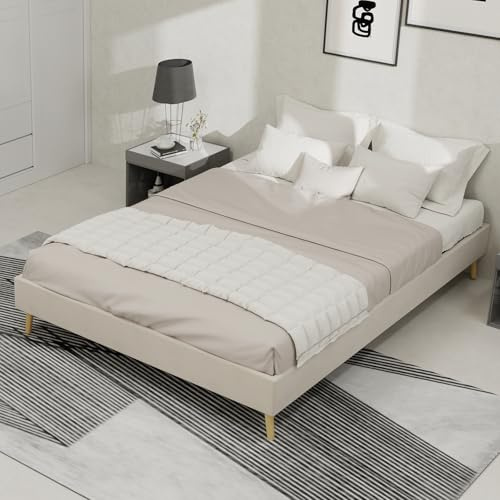 HaoChrymec Letto Minimalista Moderno con Telaio in Tessuto Vellutato Olandese, Base Bassa Non Contenitore, Design Moderno, Letto per Camera da Letto e Appartamento, Beige, 140x200 cm