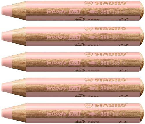 STABILO - Buntstift, Wasserfarbe & Wachsmalkreide - woody 3 in 1-5er Pack - apricot | 5er Pack, apricot