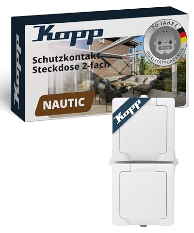 Kopp NAUTIC 2-fach Schutzkontakt-Steckdose mit Klappdeckel in Arktis-Weiß - Sichere Aufputz-Steckdose mit erhöhtem Berührungsschutz - Senkrechter IP44 Feuchtraumsteckdosen-Aufputz 16A / 250V~