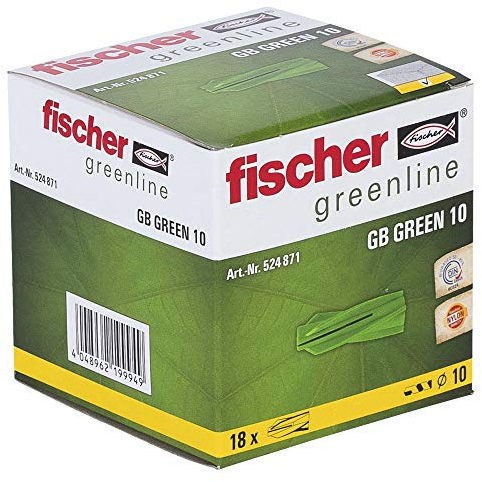 fischer GB GREEN 10 - Gasbetondübel aus min. 50% nachwachsenden Rohstoffen zum Befestigen von Briefkastenanlagen, Elektroinstallationen in Porenbeton - 18 Stück - Art.-Nr. 524871, grün