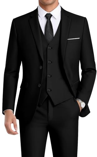 WEEN CHARM Suits for Men,3 Piece Slim Fit Suit Set with 2-Button Blazer,Vest,Pants,Tuxedo for Wedding,Prom,Party,Business Black