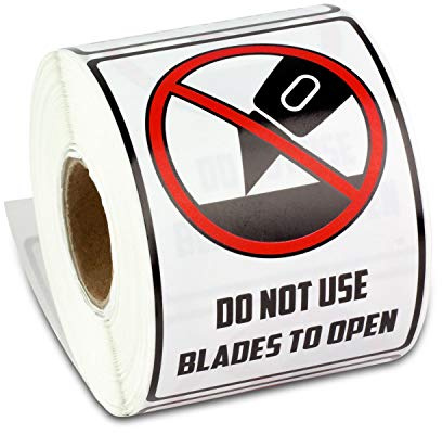 1500 Do Not Use Blades to Open Stickers - 2 x 3 inch, Do Not Use Sharp Obejcts Labels - Warning Instructio with Strong Adhesive - 5 Rolls of 300 Labels