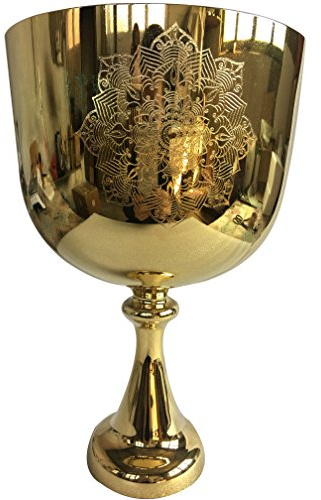 3ème octave d'environ 19,1 cm en or 24 carats calice et grail chantant avec motif OM, sculpté parfait chakra Note G parfait 440 Hz pour la guérison du son.