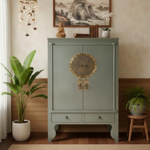 OPIUM OUTLET Chinesischer Hochzeitsschrank Schrank Kommode China asiatisch orientalisch Vintage Shabby-chic Stil Kleiderschrank Holz massiv 2 Türen 2 Schubfächer (Oliv)